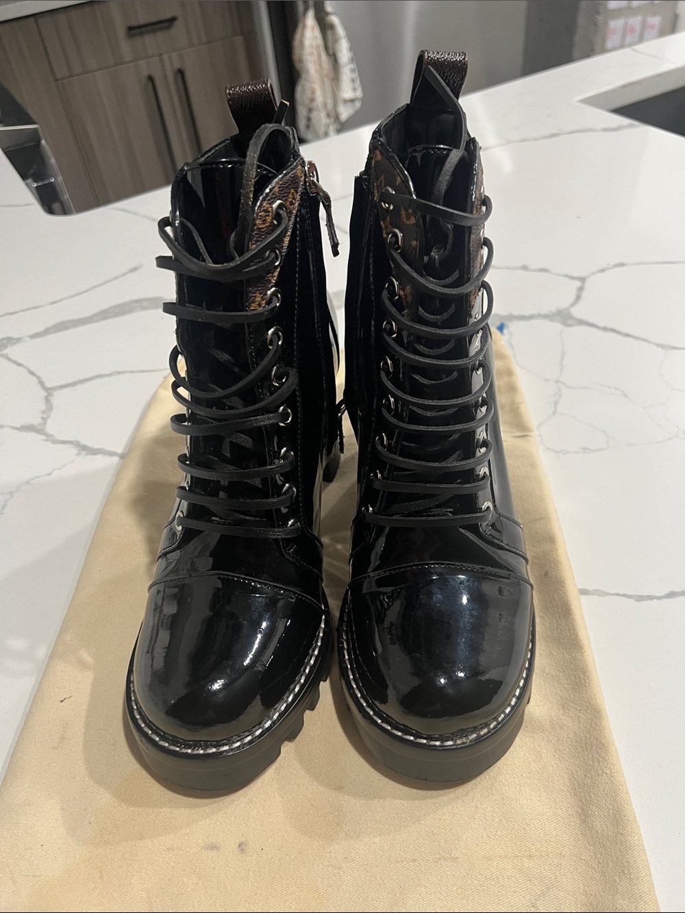 LOUIS VUITTON Black Patent Lace-Up Women's Combat Boots